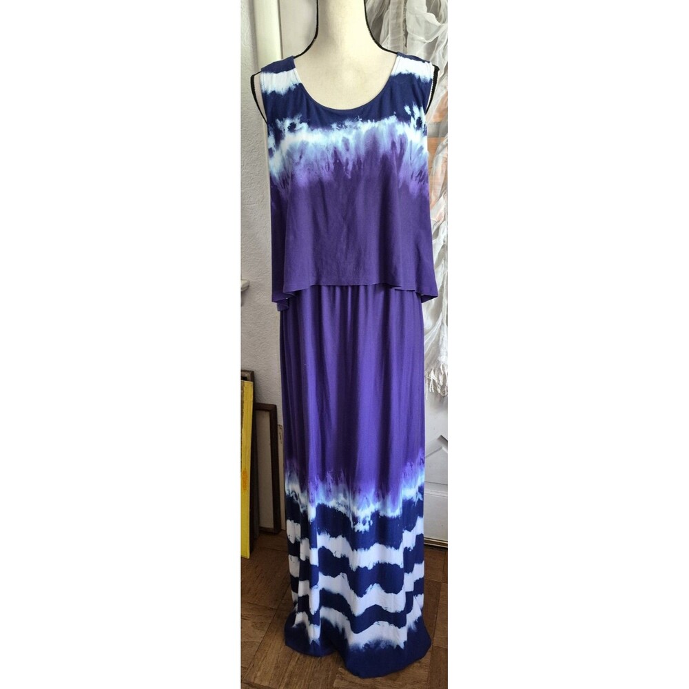 Chico's Maxi Dress Tie Dye Blue White Women Size 3  / XL Top Layered